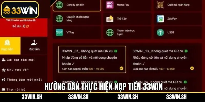 Hướng dẫn nạp tiền 33Win nhanh gọn và đầy hiệu quả